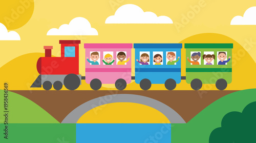 Colorful cartoon train carrying happy children over a bridge with a sunny sky and green hills, depicting a joyful journey.
