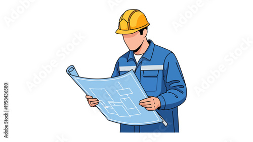 Construction Blueprint Review: An engineer or architect wearing a yellow hard hat and blue work clothes meticulously reviews a blueprint or architectural plan.