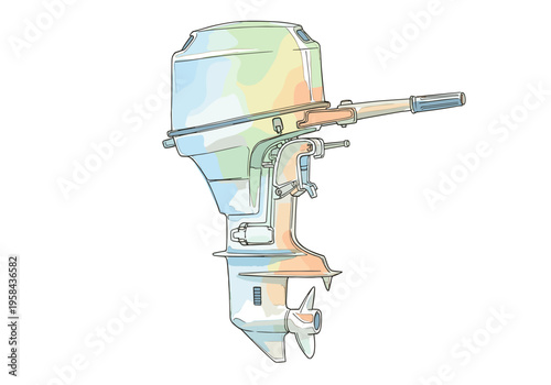 Outboard motor illustration with pastel colors and clean lines on a white background