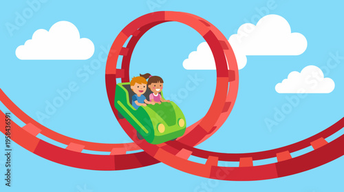 Two happy children riding a green roller coaster car on a red looping track under a blue sky with white clouds.