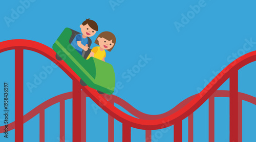 Two happy children enjoying a thrilling ride on a green roller coaster with a red track against a clear blue sky.