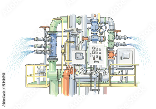 Industrial water pipes with spraying jets and control panel illustration