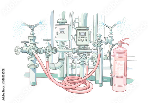 Industrial fire suppression system with sprinklers and extinguisher