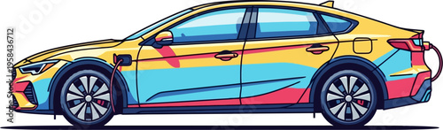 Yellow electric sedan charging via port