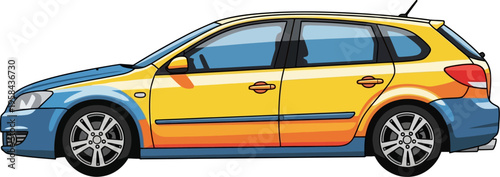 Yellow hatchback car with blue sport accents