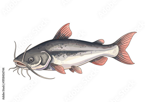 Detailed illustration of a catfish with prominent barbels and fins, isolated on white