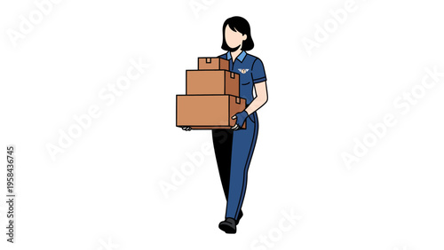 Delivery Woman with Cardboard Box: A diligent woman in uniform meticulously carries stacks of cardboard box, symbolizing the efficient movement of packages and parcels.