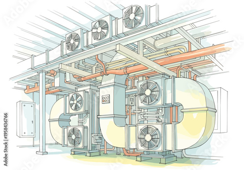 Complex industrial HVAC system with multiple air conditioning units and ductwork