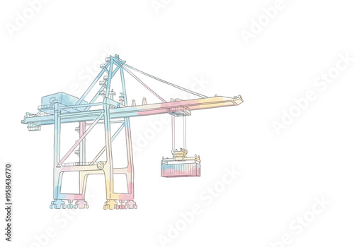Modern container crane with pastel watercolor accents lifting cargo