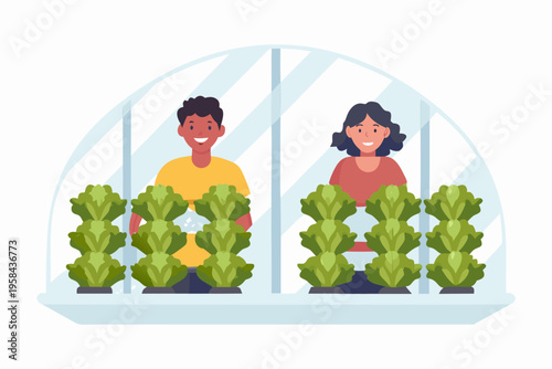 Two people tending to leafy greens inside a modern greenhouse structure