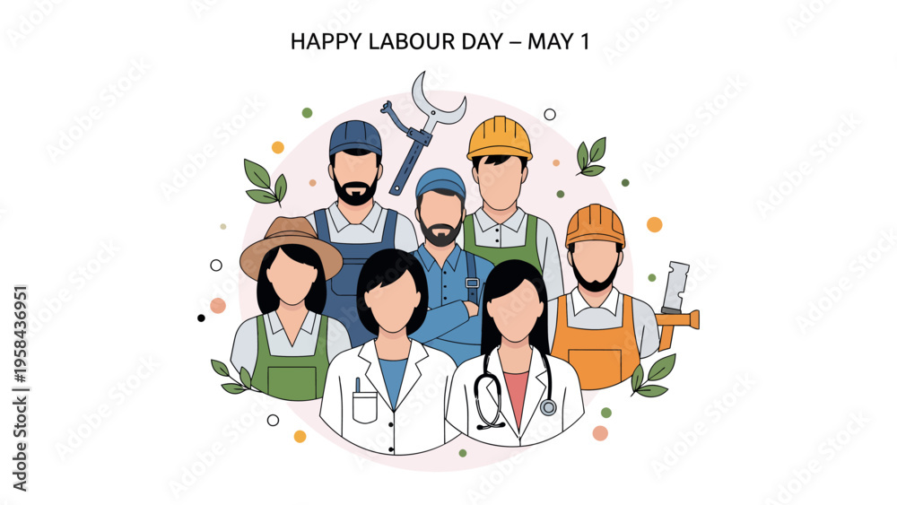 Fototapeta premium Happy Labour Day Celebration: A diverse group of people from various professions are brought together, to show unity and solidarity on Labour Day.