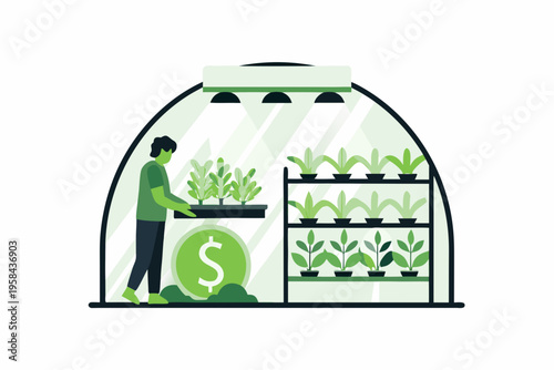 A person tending to plants inside a small indoor greenhouse setup