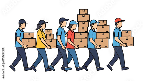 Efficient Delivery: A team of dedicated delivery workers carries stacks of cardboard boxes, ensuring a swift and organized delivery process. Illustrating precision and teamwork