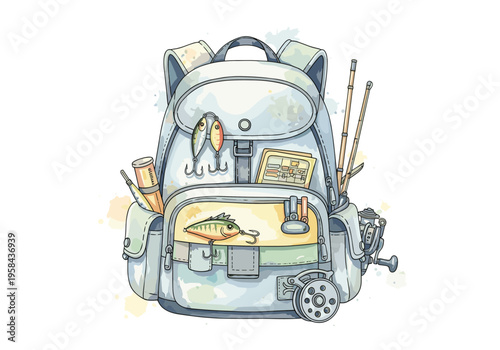 Fishing backpack filled with lures, rods, and tackle for a successful angling trip