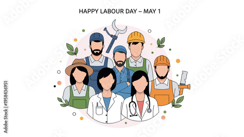 Happy Labour Day Celebration: A diverse group of people from various professions are brought together, to show unity and solidarity on Labour Day. 