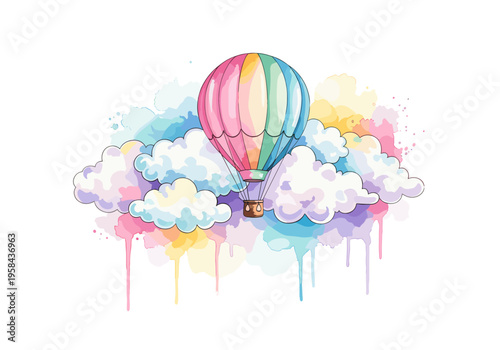 Whimsical hot air balloon floats among pastel clouds with watercolor splashes