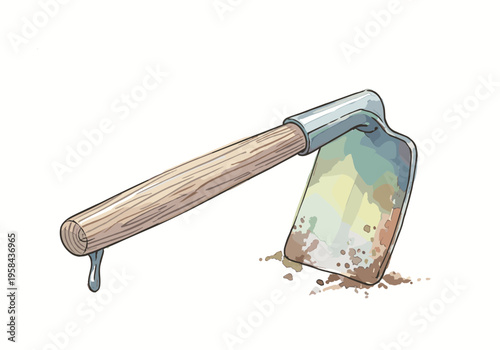 Illustration of a garden hoe with a wooden handle stuck in the dirt