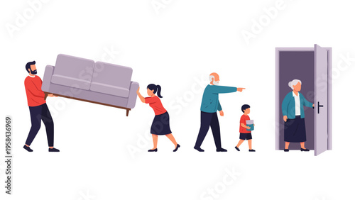 Moving Day: Family members collaborate to relocate belongings, representing a change in environment and the journey of life.