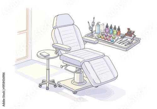 Tattoo artist's chair and equipment laid out for a session
