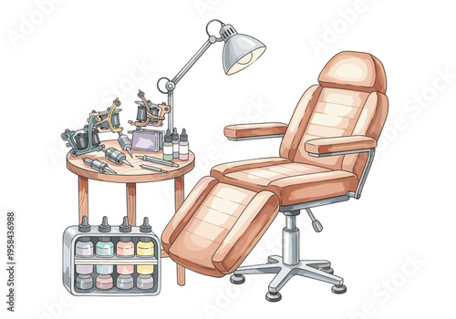 Professional tattoo station with chair, machines, and ink bottles