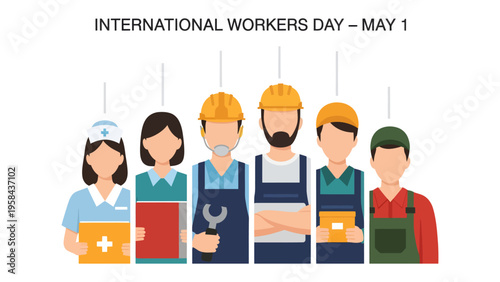 International Workers' Day illustration: A tribute to workers from various industries, this illustration features a diverse group of professionals. Celebrates labor day