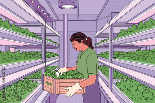 Woman tending to leafy greens within a vibrant indoor vertical farm