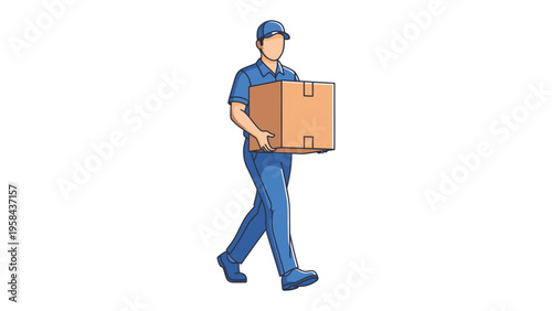 Delivery Man on Duty: A diligent delivery man strides forward, confidently carrying a cardboard box, embodying reliability and efficiency in logistics and service.