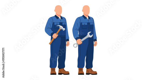 Mechanical Duo at Work: Two skilled workers, clad in work overalls, stand side-by-side. One wields a hammer, while the other holds a wrench, ready to tackle any project.