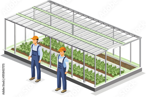 Isometric illustration depicting two farmers near a greenhouse structure
