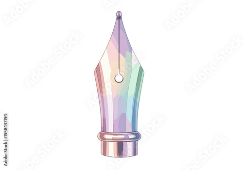 Close-up of a colorful, iridescent fountain pen nib with a smooth metallic sheen