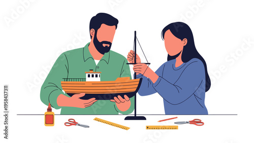 Building Dreams: A man and woman collaborate on a model boat, sharing a moment of focused teamwork and creating a vision.