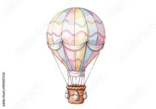 Whimsical pastel hot air balloon with woven basket and decorative ribbons
