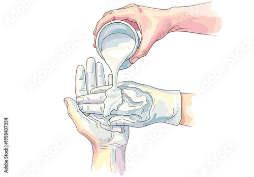 Close-up illustration of hands applying lotion or cream for skincare and hygiene