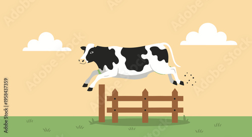 Vector illustration of a cow jumping over a fence