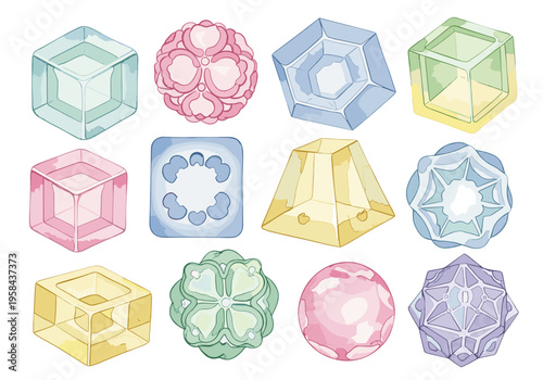 Collection of colorful geometric and organic shapes with translucent candy-like appearance
