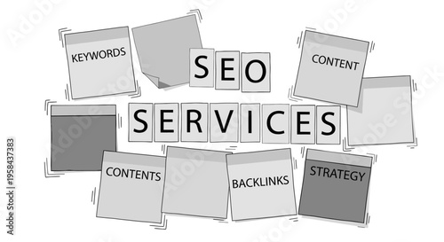 SEO Services concept illustration with sticky notes featuring keywords, content, backlinks, and strategy.