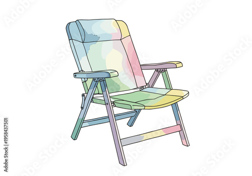 Colorful folding deck chair with pastel watercolor accents on white background