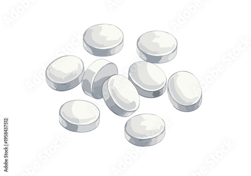 Pile of white round pills scattered on a white background
