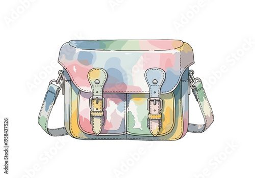 Colorful satchel bag with buckles and strap, artistic watercolor splash design