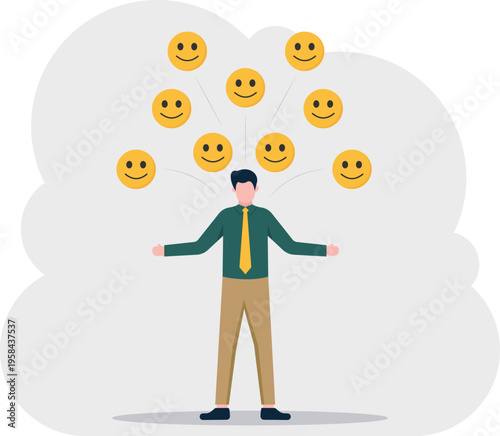 Businessman with multiple floating happy emoticons around his head