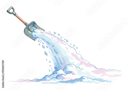 Cartoon snow shovel clearing fresh powder in winter season