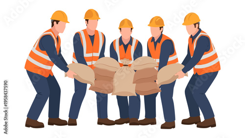 Teamwork in Construction: A group of construction workers in hard hats and safety vests collaboratively carries heavy sacks, symbolizing cooperation and shared labor in a project.