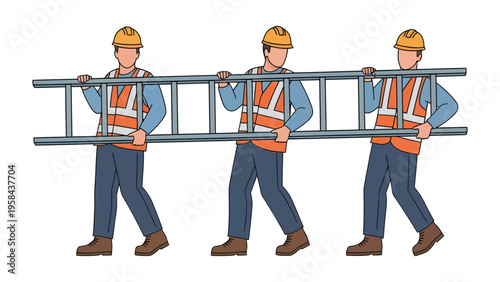 Construction Crew Collaboration: A trio of construction workers work together to carry a ladder, showcasing teamwork and collaborative spirit in the industry.