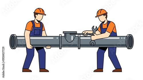 Plumbing Team in Action: Two skilled professionals collaborate to install a robust pipe section, symbolizing the essence of industry and craftsmanship.