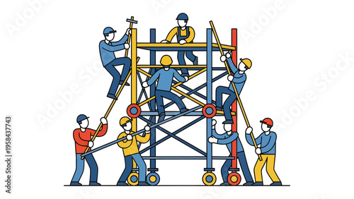 Teamwork on the Scaffolding: A team of construction workers collaborate to build a structure, emphasizing the importance of teamwork and cooperation.