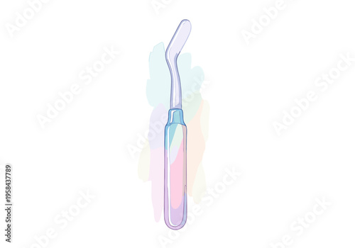 Stylized illustration of a dental scaler tool with pastel watercolor background