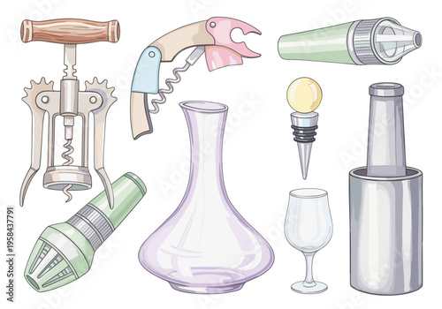 Collection of wine accessories including corkscrews, decanter, wine glass, and bottle cooler