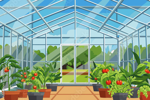Inside a glass greenhouse with thriving tomato plants and bright sunlight