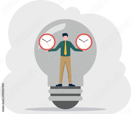 Businessman holding two giant clocks inside a larger lightbulb