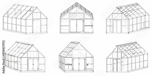 Line drawing of six different greenhouse designs viewed from various angles